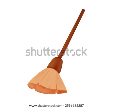 Broom 3D illustration made from twigs on a long wooden handle. Vector illustration. Tool for cleaning isolated on white background. Witches broom stick 3D icon. Halloween accessory object