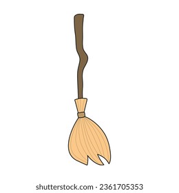 Broom, broomstick for witch Halloween costume accessory hand drawn illustration. Hand drawn style flat design, isolated vector. Kids seasonal print element, autumn holiday party, cosplay, decoration