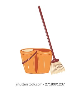 Vassoura com balde para limpeza do chão. Ilustração vetorial desenhada à mão isolada em branco, perfeita para serviços de limpeza, rotinas de limpeza doméstica e ilustrações de limpeza.