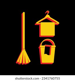 Broom, bucket and hanger sign. 3D Extruded Yellow Icon with Red Sides a Black background. Illustration.