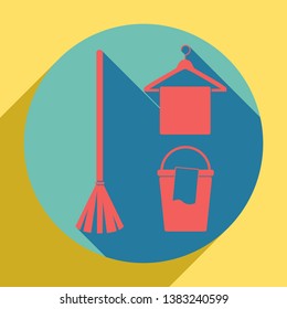 Broom, bucket and hanger sign. Sunset orange icon with llapis lazuli shadow inside medium aquamarine circle with different goldenrod shadow at royal yellow background.