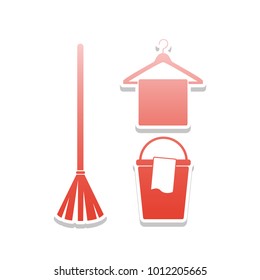 Broom, bucket and hanger sign. Vector. Reddish icon with white and gray shadow on white background. Isolated.