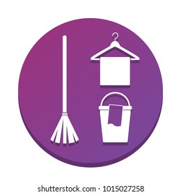 Broom, bucket and hanger sign. Vector. White icon with flat shadow on purpureus circle at white background. Isolated.