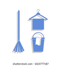 Broom, bucket and hanger sign. Vector. Neon blue icon with cyclamen polka dots pattern with light gray shadow on white background. Isolated.