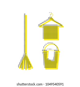 Broom, bucket and hanger sign. Vector. Yellow icon with square pattern duplicate at white background. Isolated.