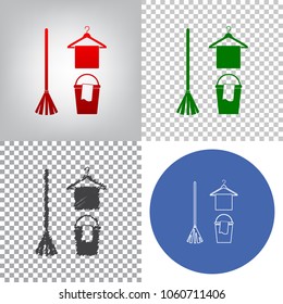Broom, bucket and hanger sign. Vector. 4 styles. Red gradient in radial lighted background, green flat and gray scribble icons on transparent and linear one in blue circle.