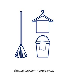 Broom, bucket and hanger sign. Vector. Flat style black icon on white.