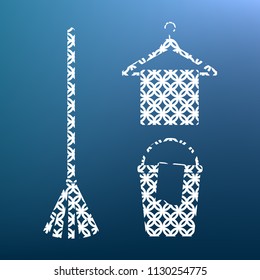 Broom, bucket and hanger sign. Vector. White textured icon at lapis lazuli gradient background.