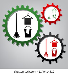 Broom, bucket and hanger sign. Vector. Three connected gears with icons at grayish background.