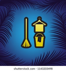Broom, bucket and hanger sign. Vector. Golden icon with black contour at blue background with branches of palm trees.