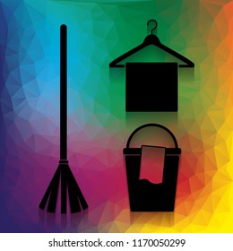 Broom, bucket and hanger sign. Vector. Flat style black icon on white.