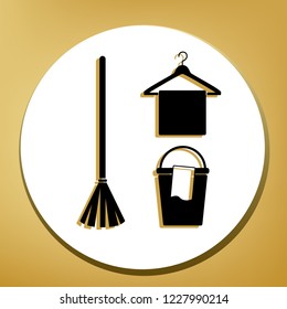 Broom, bucket and hanger sign. Vector. Black icon with light brown shadow in white circle with shaped ring at golden background.