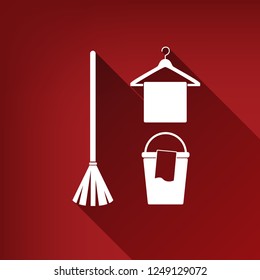 Broom, bucket and hanger sign. Vector. White icon with limitless shadow at ruby red background.