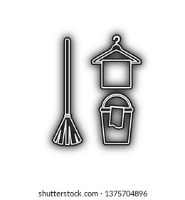 Broom, bucket and hanger sign. Vector. Double contour black icon with soft shadow at white background. Isolated.