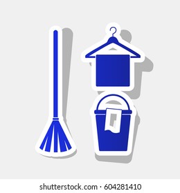 Broom, bucket and hanger sign. Vector. New year bluish icon with outside stroke and gray shadow on light gray background.