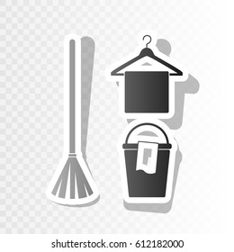Broom, bucket and hanger sign. Vector. New year blackish icon on transparent background with transition.