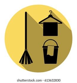 Broom, bucket and hanger sign. Vector. Flat black icon with flat shadow on royal yellow circle with white background. Isolated.