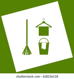Broom, bucket and hanger sign. Vector. White icon obtained as a result of subtraction rotated square and path. Avocado background.