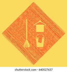 Broom, bucket and hanger sign. Vector. Red scribble icon obtained as a result of subtraction rhomb and path. Royal yellow background.