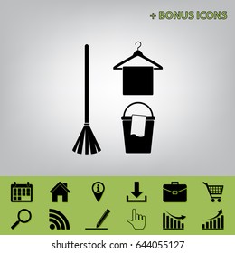 Broom, bucket and hanger sign. Vector. Black icon at gray background with bonus icons 