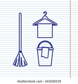 Broom, bucket and hanger sign. Vector. Navy line icon on notebook paper as background with red line for field.
