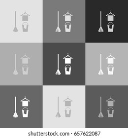 Broom, bucket and hanger sign. Vector. Grayscale version of Popart-style icon.