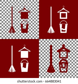 Broom, bucket and hanger sign. Vector. Bordo and white icons and line icons on chess board with transparent background.