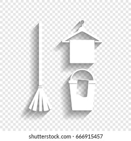 Broom, bucket and hanger sign. Vector. White icon with soft shadow on transparent background.