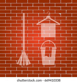 Broom, bucket and hanger sign. Vector. Whitish icon on brick wall as background.