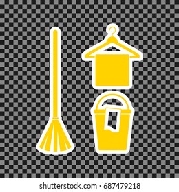 Broom, bucket and hanger sign. Vector. Yellow icon with white contour on dark transparent background.