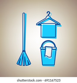 Broom, bucket and hanger sign. Vector. Sky blue icon with defected blue contour on beige background.