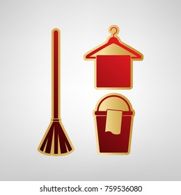 Broom, bucket and hanger sign. Vector. Red icon on gold sticker at light gray background.