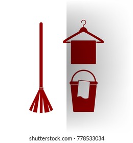 Broom, bucket and hanger sign. Vector. Bordo icon on white bending paper background.