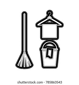 Broom, bucket and hanger sign. Vector. Flat style black icon on white.