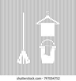 Broom, bucket and hanger sign. Vector. White icon on grayish striped background. Optical illusion.