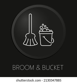 Broom and bucket minimal vector line icon on 3D button isolated on black background. Premium Vector.