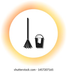 Broom and bucket sign. Dark icon with shadow on the glowing circle button. Illustration.