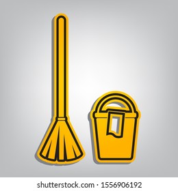 Broom and bucket sign. Flat orange icon with overlapping linear black icon with gray shadow at whitish background. Illustration.
