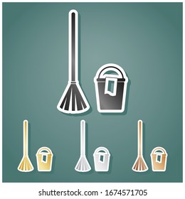 Broom and bucket sign. Set of metallic Icons with gray, gold, silver and bronze gradient with white contour and shadow at viridan background. Illustration.