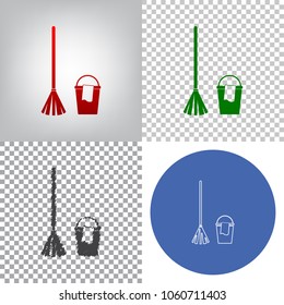 Broom and bucket sign. Vector. 4 styles. Red gradient in radial lighted background, green flat and gray scribble icons on transparent and linear one in blue circle.