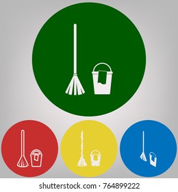 Broom and bucket sign. Vector. 4 white styles of icon at 4 colored circles on light gray background.