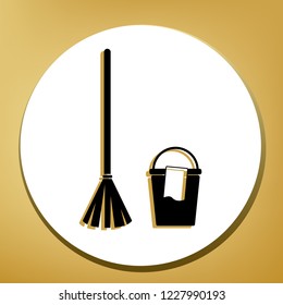 Broom and bucket sign. Vector. Black icon with light brown shadow in white circle with shaped ring at golden background.