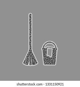 Broom and bucket sign. Vector. Black maze filled icon with white border at gray background.
