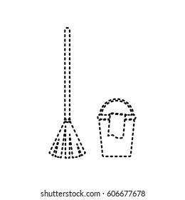 Broom and bucket sign. Vector. Black dashed icon on white background. Isolated.