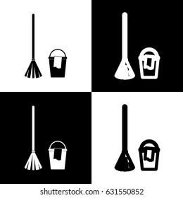 Broom and bucket sign. Vector. Black and white icons and line icon on chess board.
