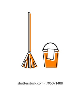 Broom and bucket sign. Vector. Black line icon with shifted flat orange filled icon on white background. Isolated.