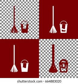 Broom and bucket sign. Vector. Bordo and white icons and line icons on chess board with transparent background.