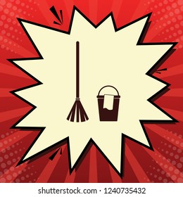 Broom and bucket sign. Vector. Dark red icon in lemon chiffon shutter bubble at red popart background with rays.