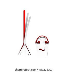 Broom and bucket sign. Vector. Detachable paper icon with red body stock. Isolated.