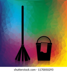 Broom and bucket sign. Vector. Flat style black icon on white.